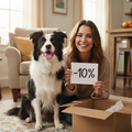 Ein border collie sitzt neben einem Paket, der Besitzer hält ein kleines Schild mit „-10 %“, beide glücklich – Wohnzimmer- oder Küchenszene